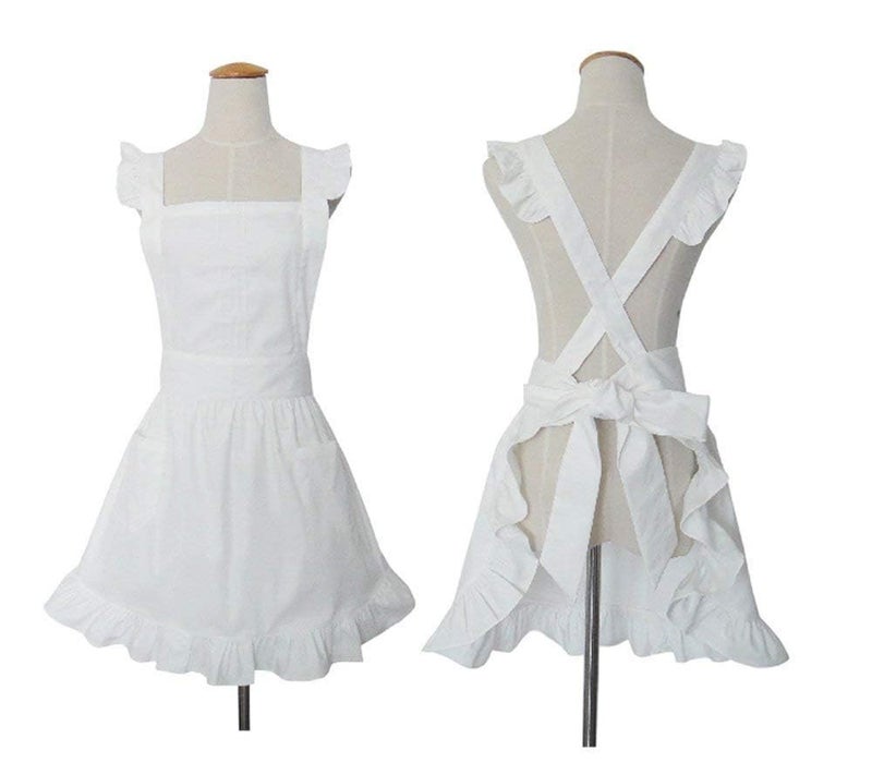 Love Potato Cute White Retro Lady's Aprons for Women's Kitchen Cooking Cleaning Maid Costume with Pockets - Image 2